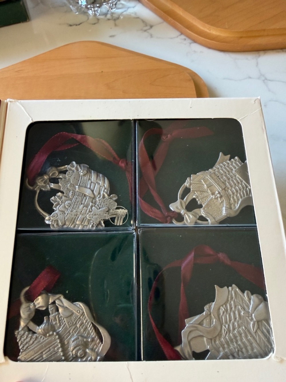Longaberger Pewter Ornaments Bayberry, Jingle Bell, Cranberry, Holiday Cheer (4)